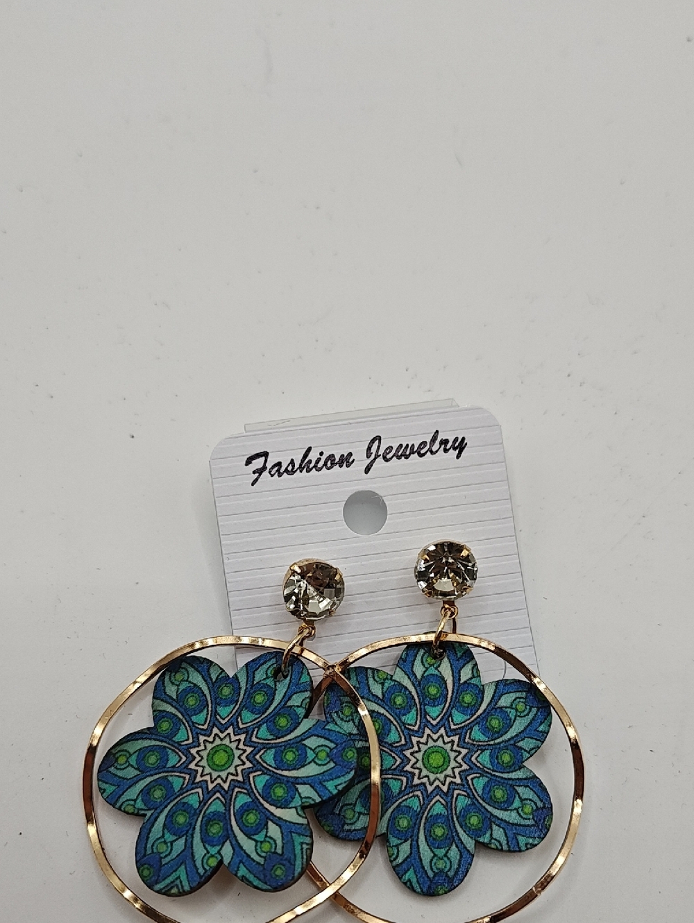 Fashion Jewelry Blue & Green Floral Hoop Drop Earrings with Gold-Tone Hoops